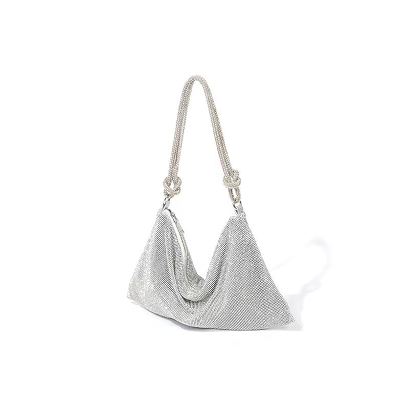 Crystal Metallic Look Evening Bag Handbag Rope Type Handle Silver