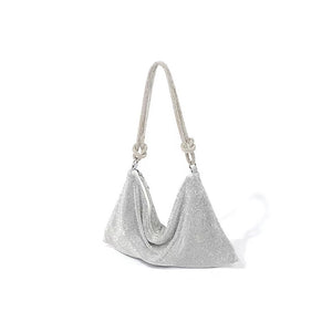 Crystal Metallic Look Evening Bag Handbag Rope Type Handle Silver
