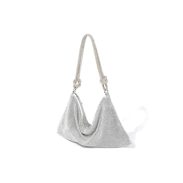 Crystal Metallic Look Evening Bag Handbag Rope Type Handle Silver
