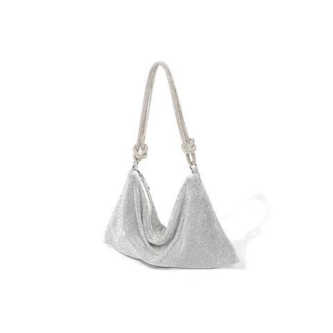 Crystal Metallic Look Evening Bag Handbag Rope Type Handle Silver