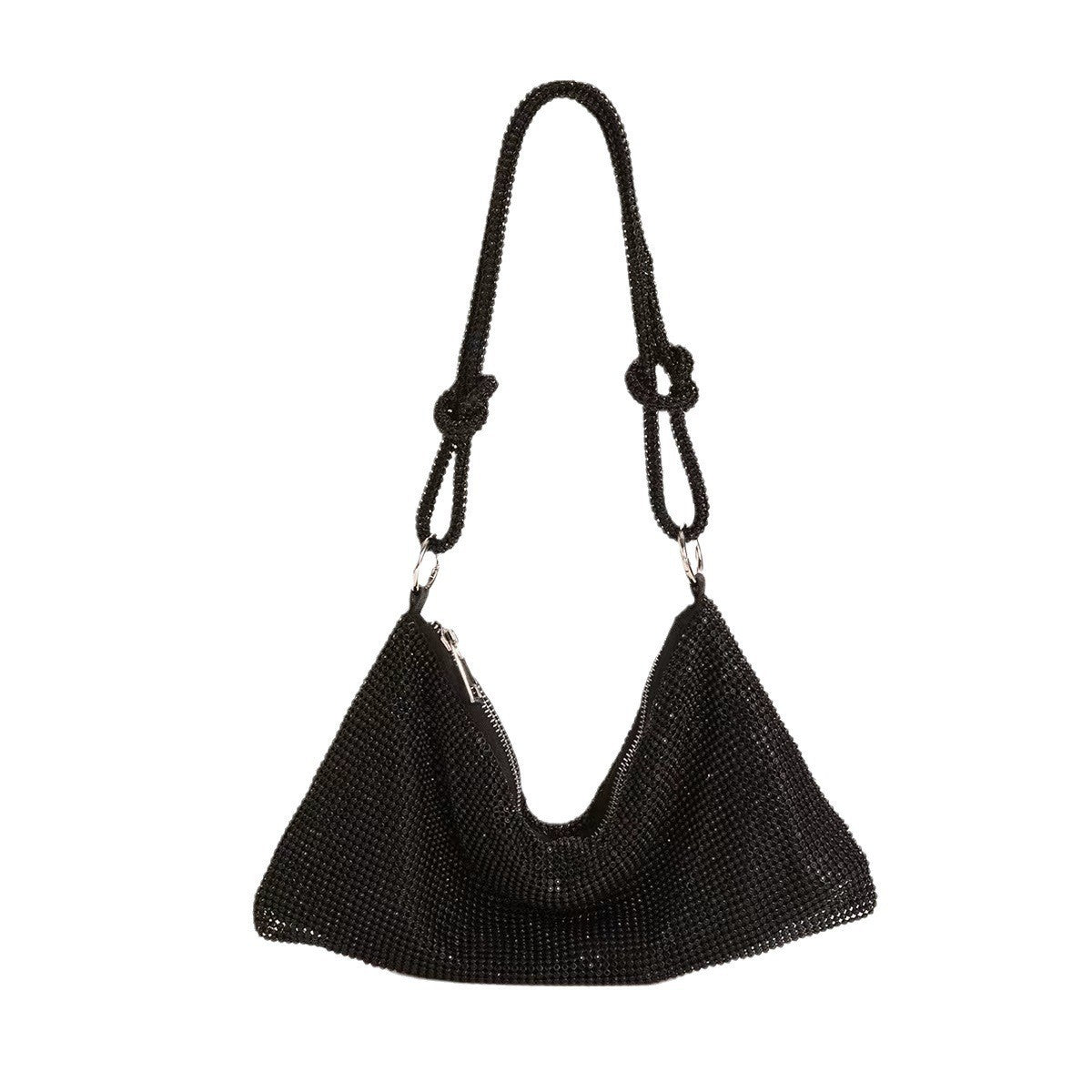 Crystal Metallic Look Evening Bag Handbag Rope Type Handle Black