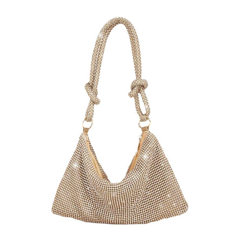Crystal Metallic Look Evening Bag Handbag Rope Type Handle Gold