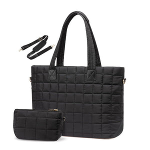 Quilted Tote Shoulder Clutch Bag Fits 15.6 Laptop Water Resistant Luggage Strap Black