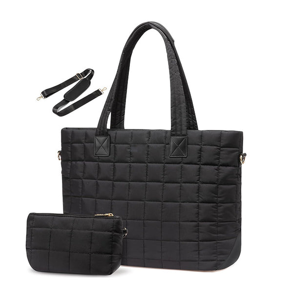 Quilted Tote Shoulder Clutch Bag Fits 15.6 Laptop Water Resistant Luggage Strap Black