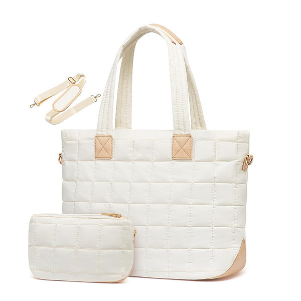 Quilted Tote Shoulder Clutch Bag Fits 15.6 Laptop Water Resistant Luggage Strap White