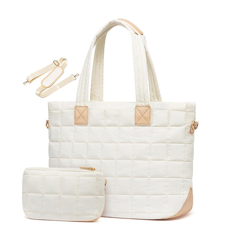 Quilted Tote Shoulder Clutch Bag Fits 15.6 Laptop Water Resistant Luggage Strap White