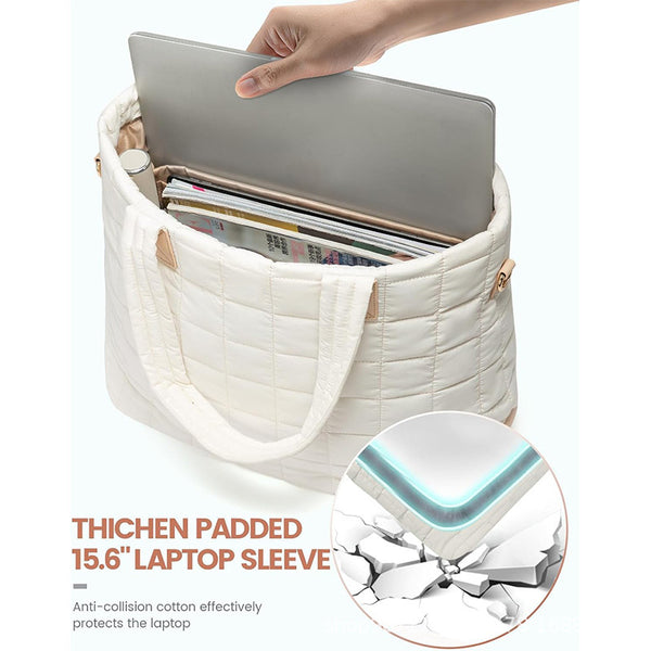 Quilted Tote Shoulder Clutch Bag Fits 15.6 Laptop Water Resistant Luggage Strap White