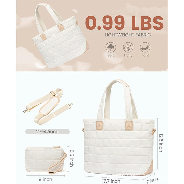 Quilted Tote Shoulder Clutch Bag Fits 15.6 Laptop Water Resistant Luggage Strap White