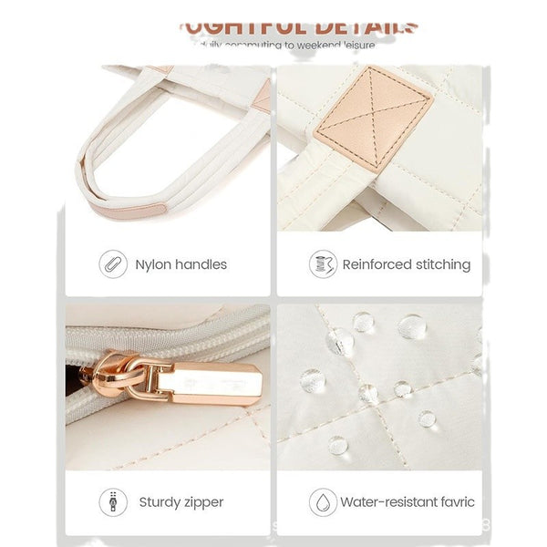 Quilted Tote Shoulder Clutch Bag Fits 15.6 Laptop Water Resistant Luggage Strap White