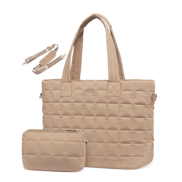 Quilted Tote Shoulder Clutch Bag Fits 15.6 Laptop Water Resistant Luggage Strap Khaki
