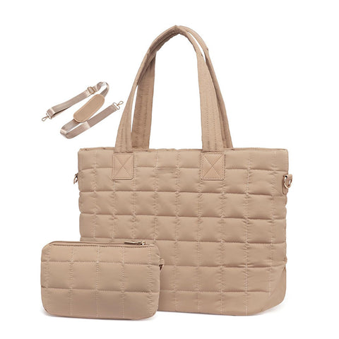 Quilted Tote Shoulder Clutch Bag Fits 15.6 Laptop Water Resistant Luggage Strap Khaki