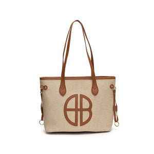 Stylish Large Capacity Tote Shoulder Bag PU Leather Trim Logo Detail Beige Brown