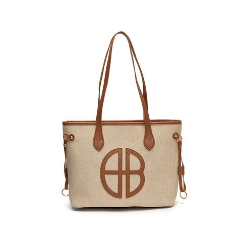 Stylish Large Capacity Tote Shoulder Bag PU Leather Trim Logo Detail Beige Brown