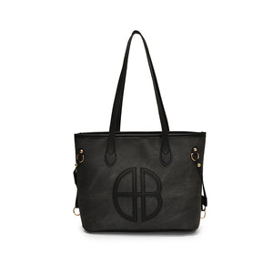 Stylish Large Capacity Tote Shoulder Bag PU Leather Trim Logo Detail Black