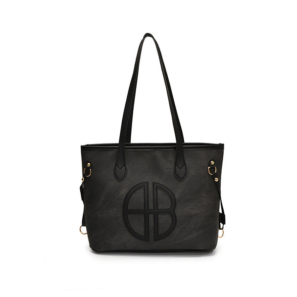 Stylish Large Capacity Tote Shoulder Bag PU Leather Trim Logo Detail Black