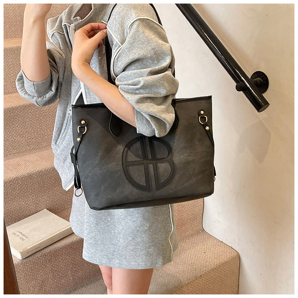 Stylish Large Capacity Tote Shoulder Bag PU Leather Trim Logo Detail Black