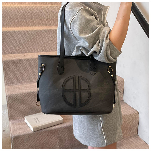 Stylish Large Capacity Tote Shoulder Bag PU Leather Trim Logo Detail Black