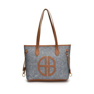 Stylish Large Capacity Tote Shoulder Bag PU Leather Trim Logo Detail Blue Brown