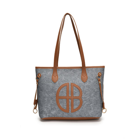 Stylish Large Capacity Tote Shoulder Bag PU Leather Trim Logo Detail Blue Brown