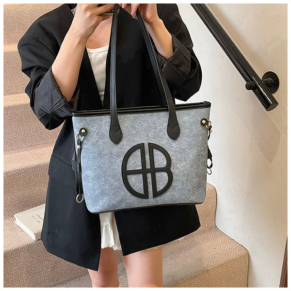 Stylish Large Capacity Tote Shoulder Bag PU Leather Trim Logo Detail Blue Brown
