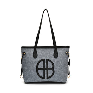 Stylish Large Capacity Tote Shoulder Bag PU Leather Trim Logo Detail Blue Black