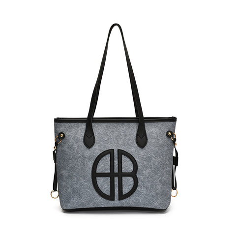 Stylish Large Capacity Tote Shoulder Bag PU Leather Trim Logo Detail Blue Black