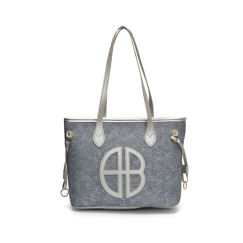 Stylish Large Capacity Tote Shoulder Bag PU Leather Trim Logo Detail Blue Silver