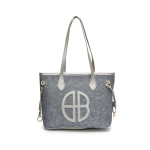 Stylish Large Capacity Tote Shoulder Bag PU Leather Trim Logo Detail Blue Silver