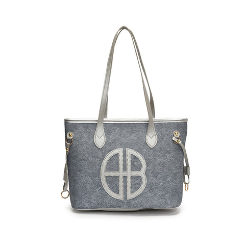 Stylish Large Capacity Tote Shoulder Bag PU Leather Trim Logo Detail Blue Silver