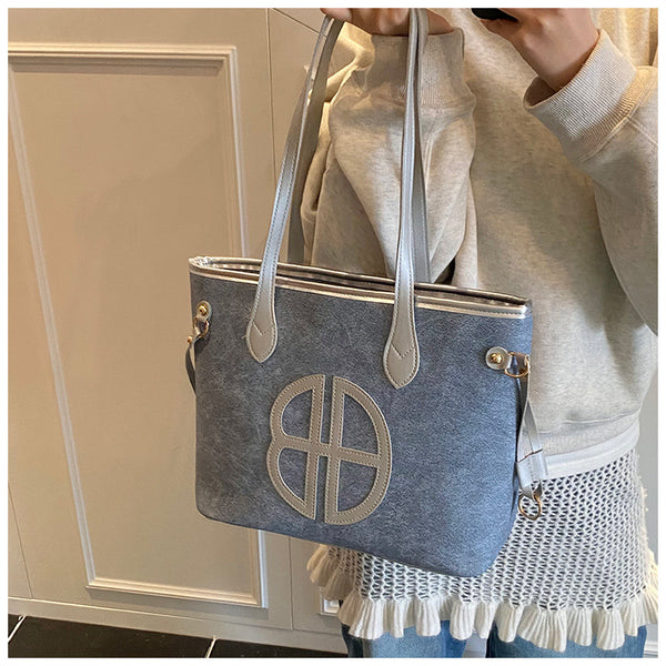 Stylish Large Capacity Tote Shoulder Bag PU Leather Trim Logo Detail Blue Silver