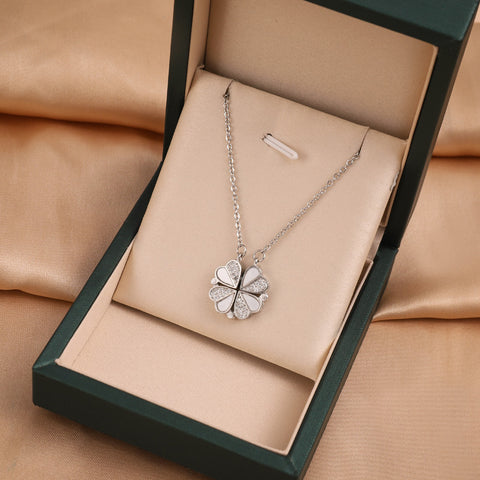 Sterling Silver Magnetic Convertible Clover Hearts Pendant Necklace Platinum Plated