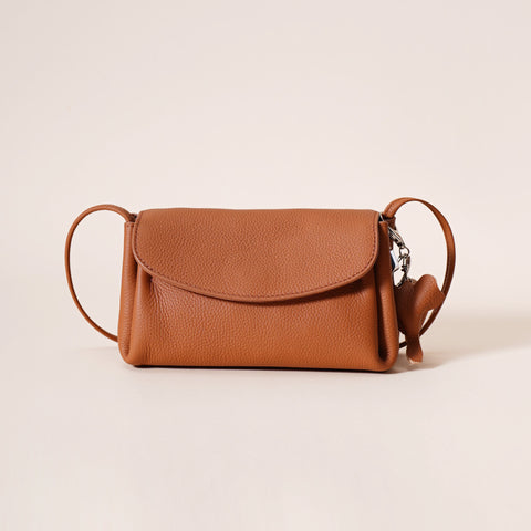 Genuine Pebbled Leather Crossbody Shoulder Bag Elephant Charm Golden Brown
