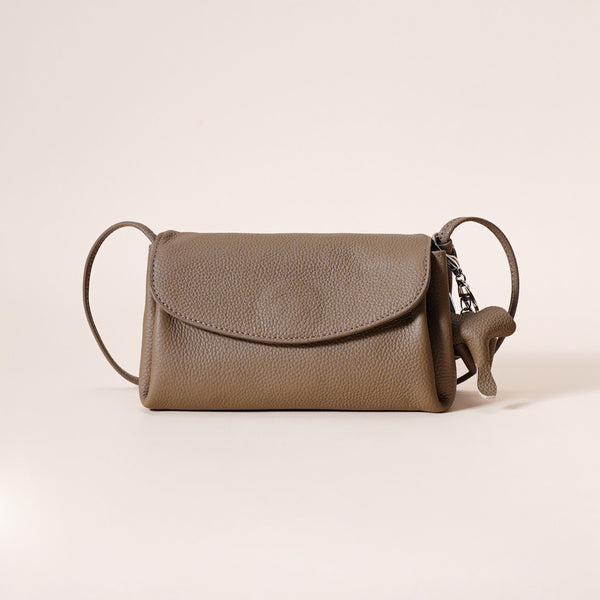Genuine Pebbled Leather Crossbody Shoulder Bag Elephant Charm Dark Grey