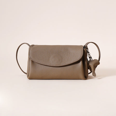 Genuine Pebbled Leather Crossbody Shoulder Bag Elephant Charm Dark Grey