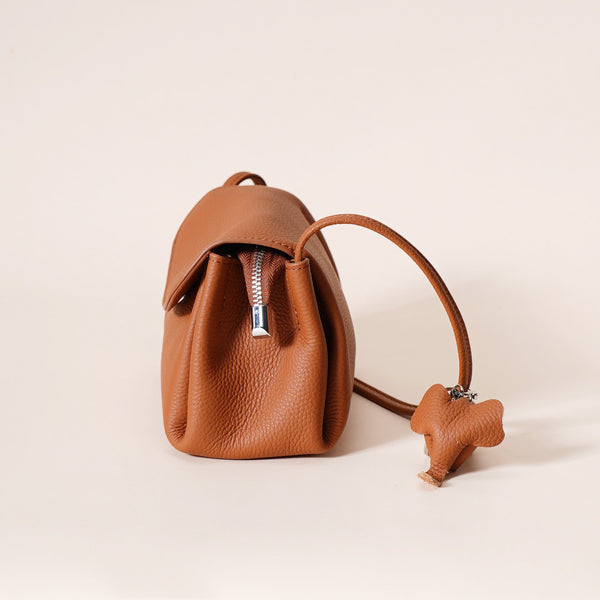 Genuine Pebbled Leather Crossbody Shoulder Bag Elephant Charm Dark Grey