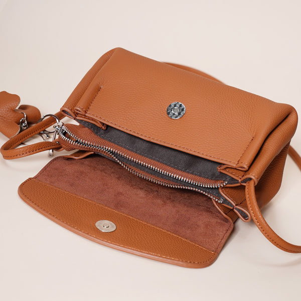 Genuine Pebbled Leather Crossbody Shoulder Bag Elephant Charm Dark Grey