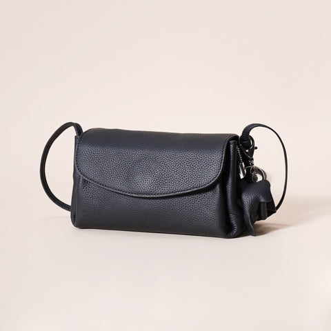 Genuine Pebbled Leather Crossbody Shoulder Bag Elephant Charm Black