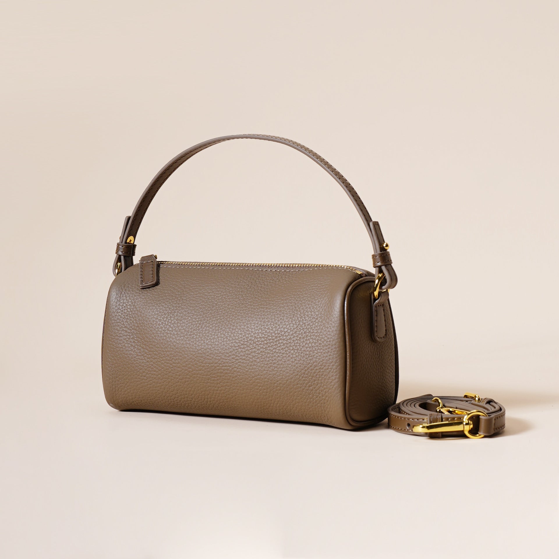 Genuine Pebbled Leather Boston Barrel Bag Mini Crossbody Top Handle Brown