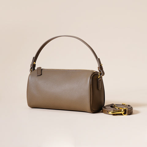 Genuine Pebbled Leather Boston Barrel Bag Mini Crossbody Top Handle Brown