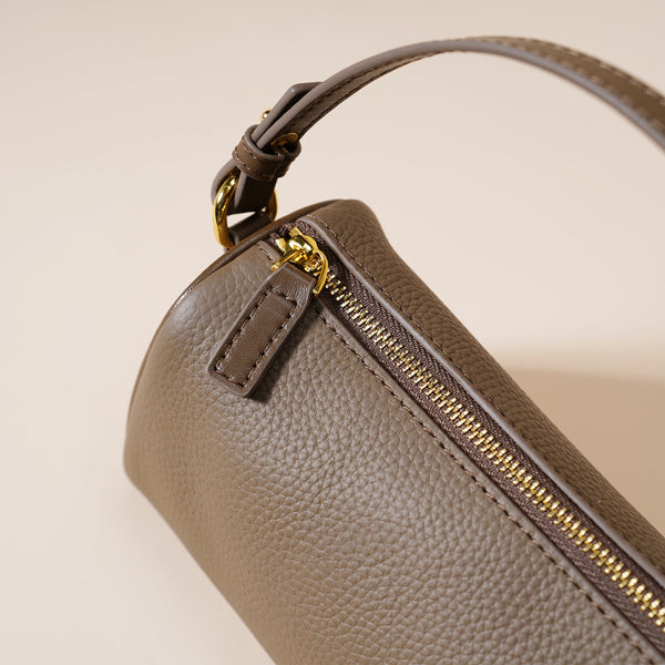 Genuine Pebbled Leather Boston Barrel Bag Mini Crossbody Top Handle Brown