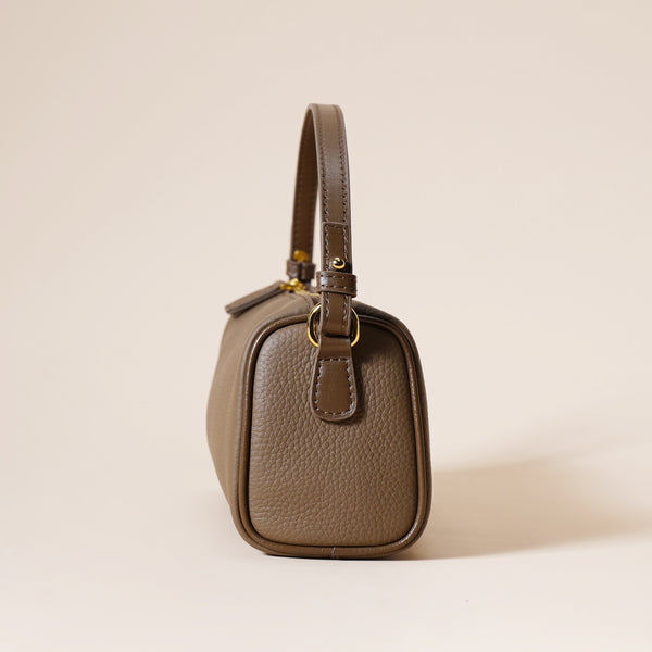 Genuine Pebbled Leather Boston Barrel Bag Mini Crossbody Top Handle Brown