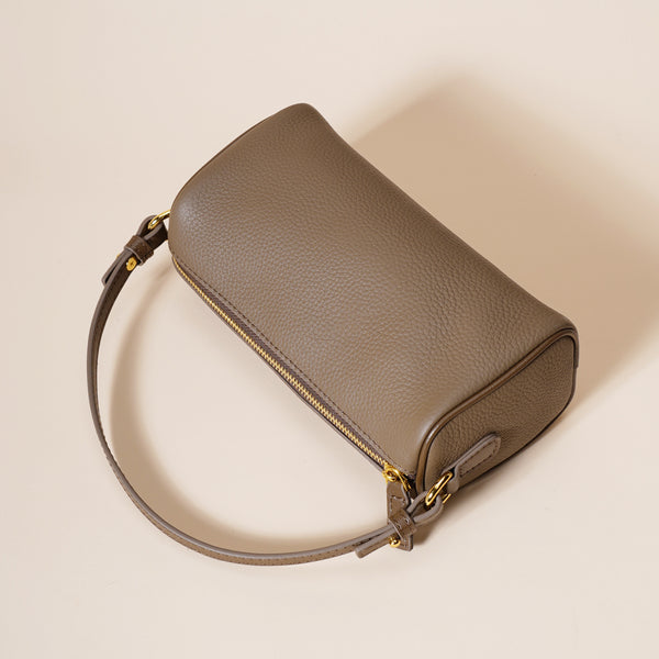 Genuine Pebbled Leather Boston Barrel Bag Mini Crossbody Top Handle Brown