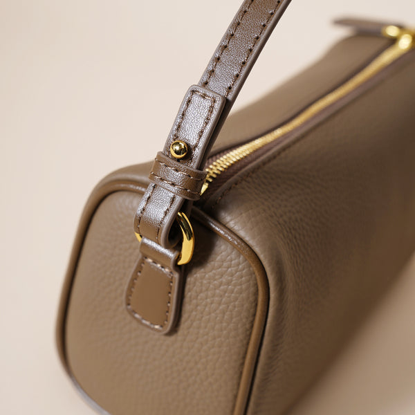 Genuine Pebbled Leather Boston Barrel Bag Mini Crossbody Top Handle Brown