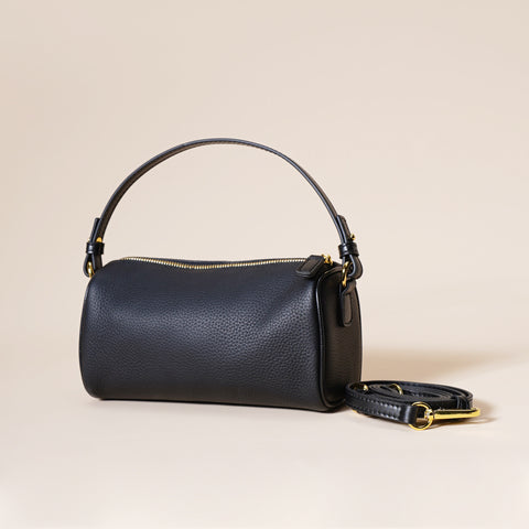 Genuine Pebbled Leather Boston Barrel Bag Mini Crossbody Top Handle Black