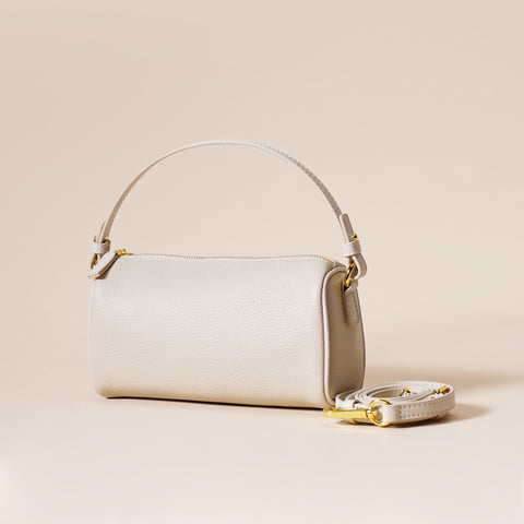 Genuine Pebbled Leather Boston Barrel Bag Mini Crossbody Top Handle Off White