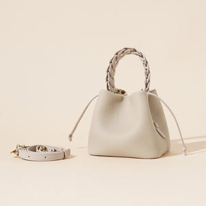 Genuine Leather Mini Bucket Crossbody Bag Braided Handle Drawstring Off White