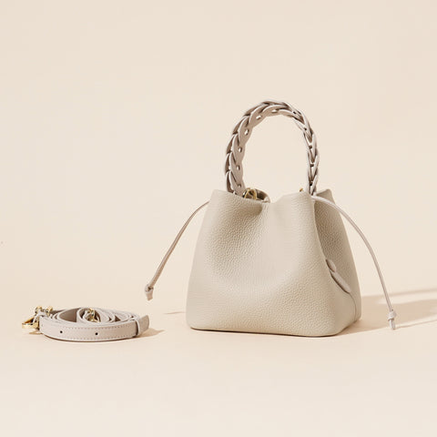 Genuine Leather Mini Bucket Crossbody Bag Braided Handle Drawstring Off White