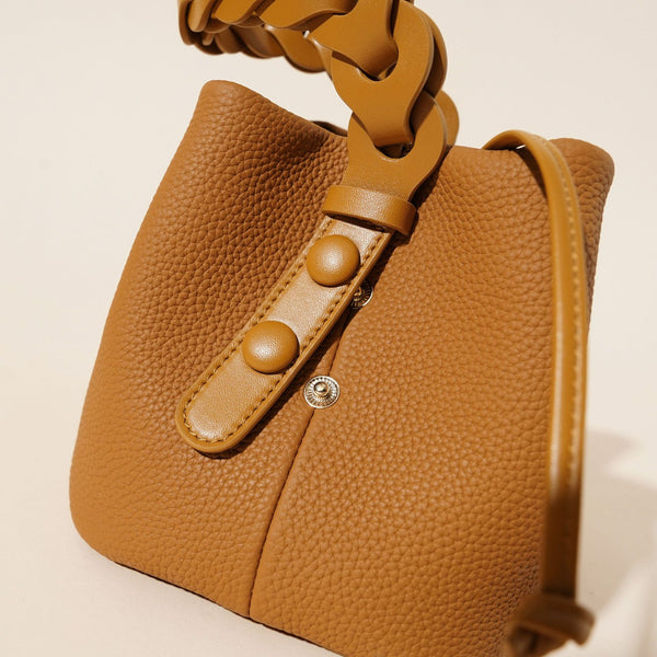 Genuine Leather Mini Bucket Crossbody Bag Braided Handle Drawstring Off White