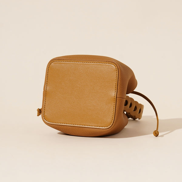 Genuine Leather Mini Bucket Crossbody Bag Braided Handle Drawstring Off White