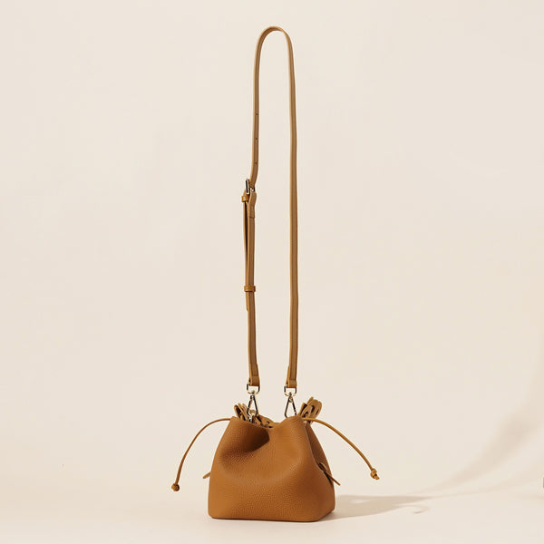 Genuine Leather Mini Bucket Crossbody Bag Braided Handle Drawstring Off White